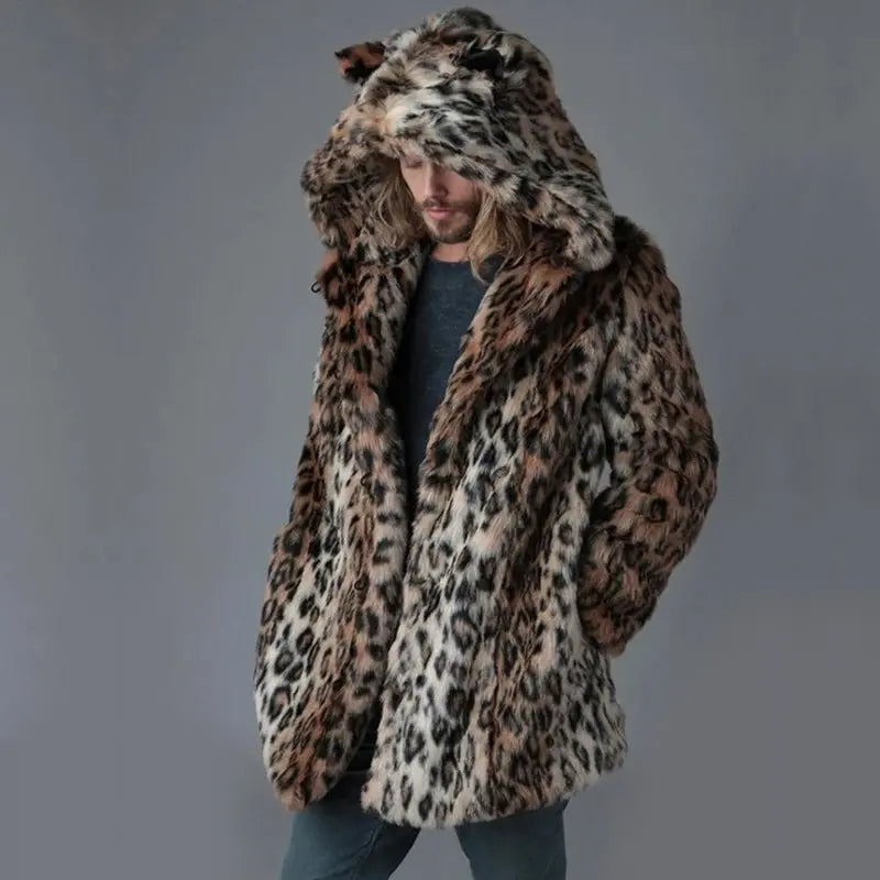 Plus Size Faux Fur Jacket For Men  Winter Male Leopard Jungle Line