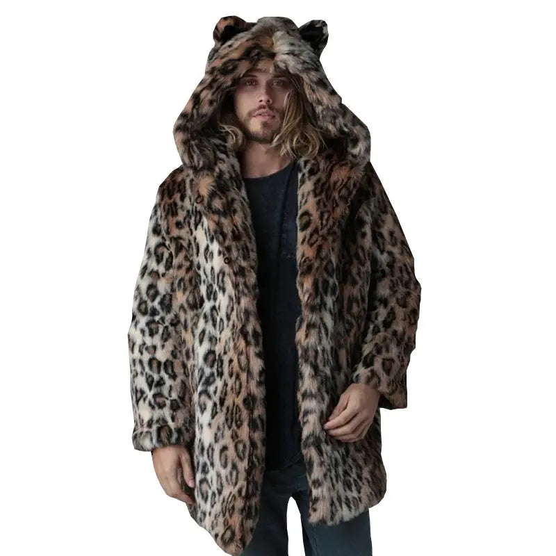 Plus Size Faux Fur Jacket For Men  Winter Male Leopard Jungle Line