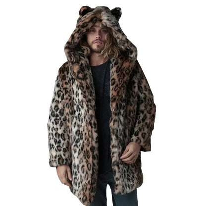 Plus Size Faux Fur Jacket For Men  Winter Male Leopard Jungle Line