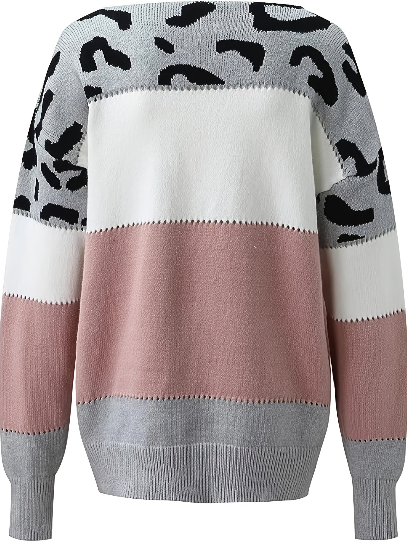 Contrast Leopard Print Boat Neck Pullover Sweater, Casual Long Sleeve Sweater For Spring & Fall, Women's Clothing - Jungle Line