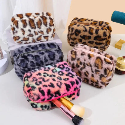 Trousse de maquillage en fausse fourrure léopard Jungle Line, sac de voyage souple pour femmes, organiseur de cosmétiques, sac à main.