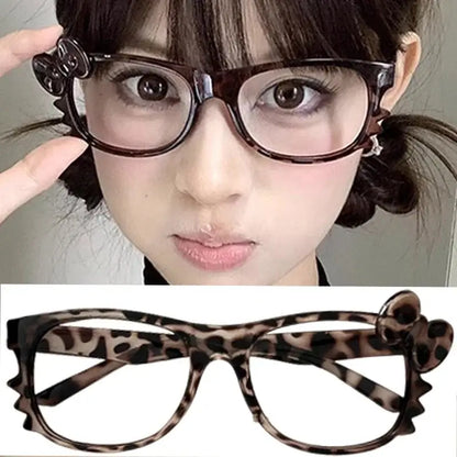 Lunettes femme Jungle Line à imprimé léopard, grand cadre oval vintage, sans verres, style Y2K, motif bow mignon.