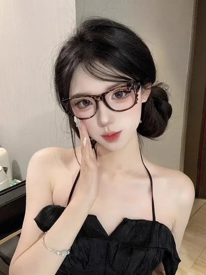 Lunettes vintage pour femmes Jungle Line avec imprimé léopard, nœud, grande forme ovale, sans lentilles, style Y2K, look mignon.