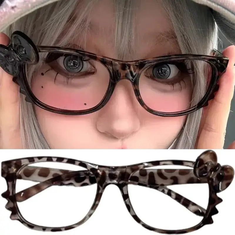 Lunettes ovales vintage pour femmes Jungle Line avec motif léopard, nues sans verres, style Y2K, à motif de bow mignon et cartoon.