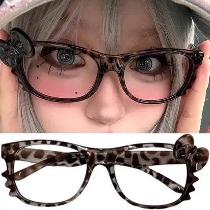 Lunettes ovales vintage pour femmes Jungle Line avec motif léopard, nues sans verres, style Y2K, à motif de bow mignon et cartoon.