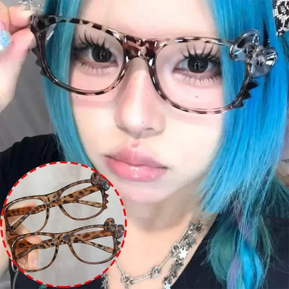 Lunettes vintage à imprimé léopard, grand cadre ovale, avec nœud noir, pour femmes, style Y2K, sans lentilles, mode Jungle Line.