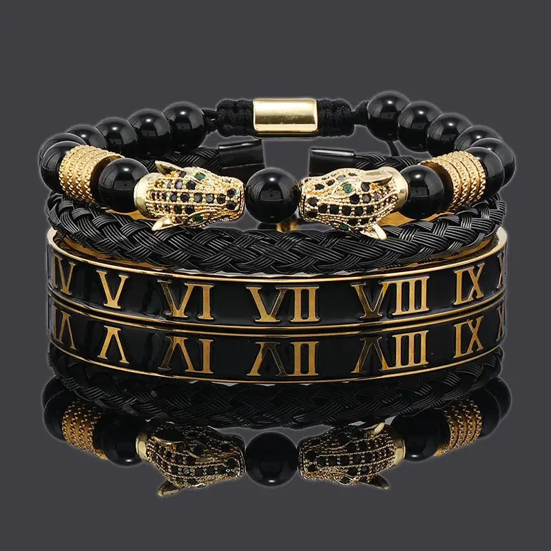 Luxury Black Stone Beads Leopard Head Man Bracelet Jungle Line
