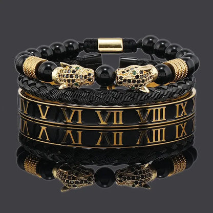 Luxury Black Stone Beads Leopard Head Man Bracelet Jungle Line