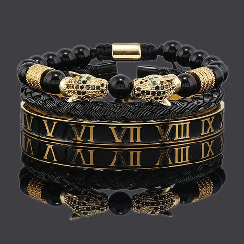 Luxury Black Stone Beads Leopard Head Man Bracelet Jungle Line