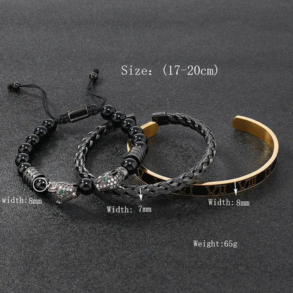Luxury Black Stone Beads Leopard Head Man Bracelet Jungle Line