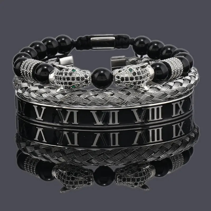 Luxury Black Stone Beads Leopard Head Man Bracelet Jungle Line