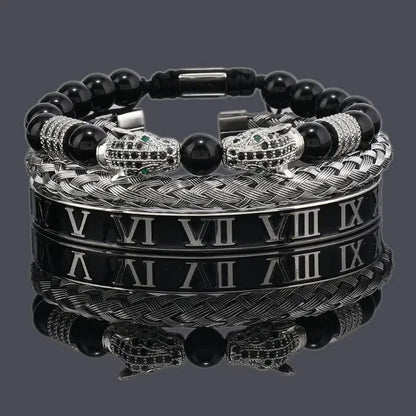 Luxury Black Stone Beads Leopard Head Man Bracelet Jungle Line