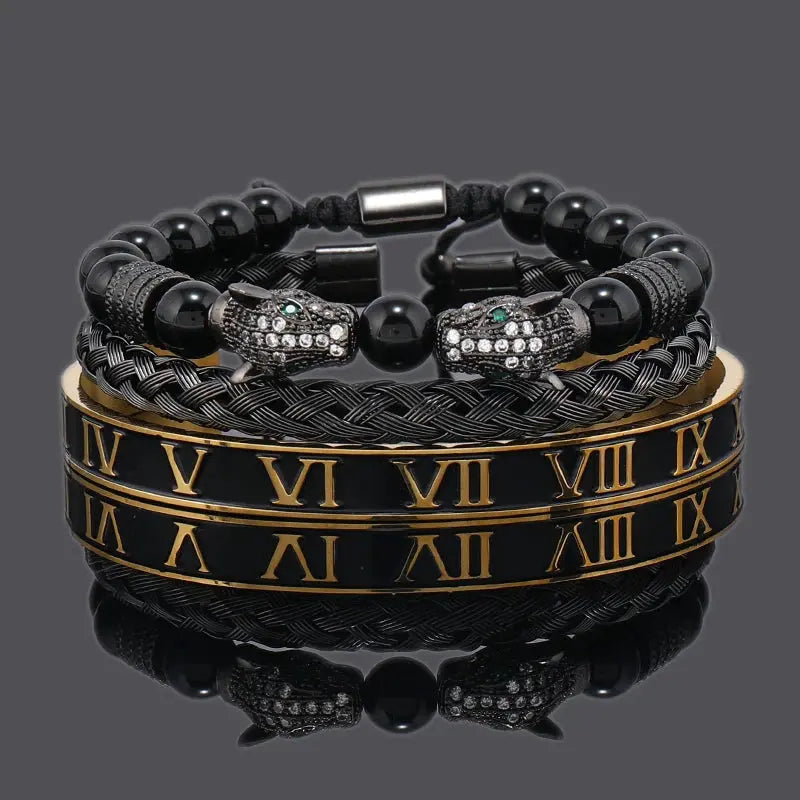 Luxury Black Stone Beads Leopard Head Man Bracelet Jungle Line