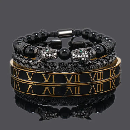 Luxury Black Stone Beads Leopard Head Man Bracelet Jungle Line
