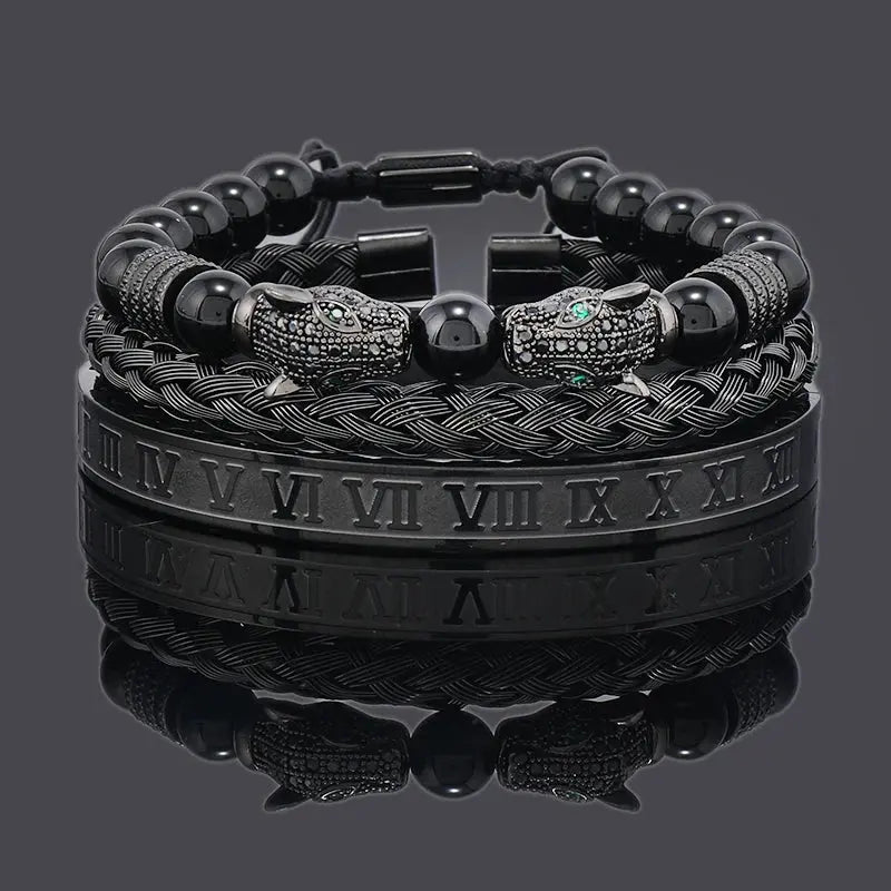 Luxury Black Stone Beads Leopard Head Man Bracelet Jungle Line