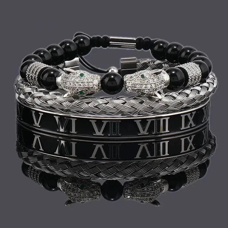 Luxury Black Stone Beads Leopard Head Man Bracelet Jungle Line