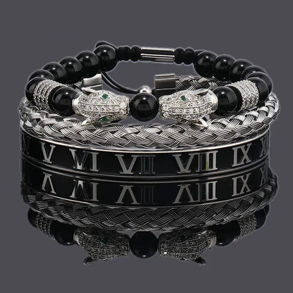 Luxury Black Stone Beads Leopard Head Man Bracelet Jungle Line