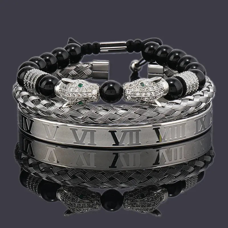 Luxury Black Stone Beads Leopard Head Man Bracelet Jungle Line