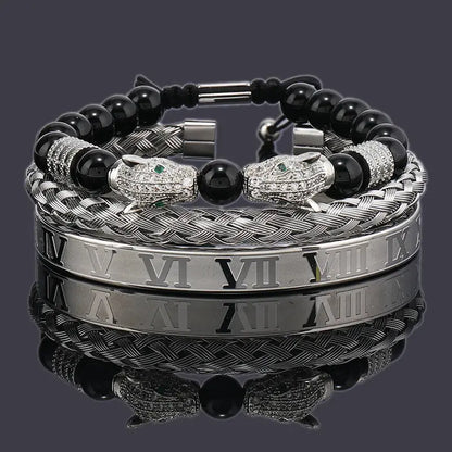 Luxury Black Stone Beads Leopard Head Man Bracelet Jungle Line