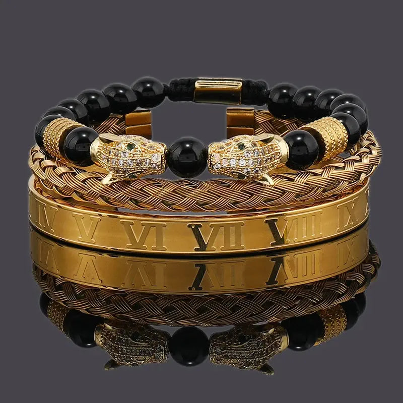 Luxury Black Stone Beads Leopard Head Man Bracelet Jungle Line