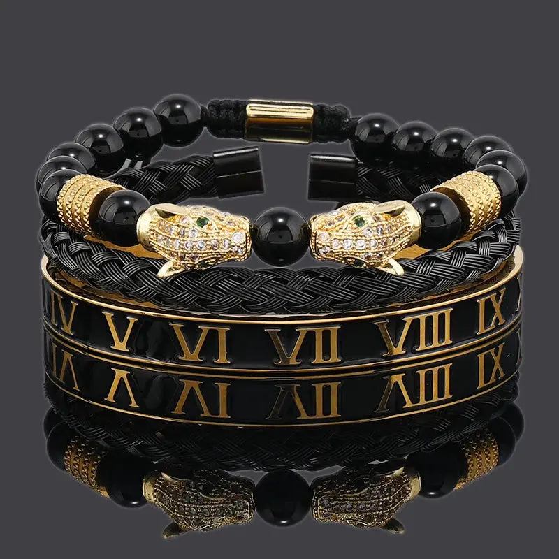 Luxury Black Stone Beads Leopard Head Man Bracelet Jungle Line