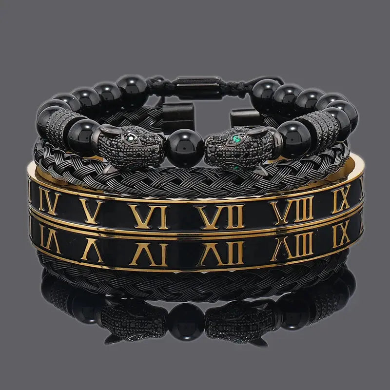 Luxury Black Stone Beads Leopard Head Man Bracelet Jungle Line