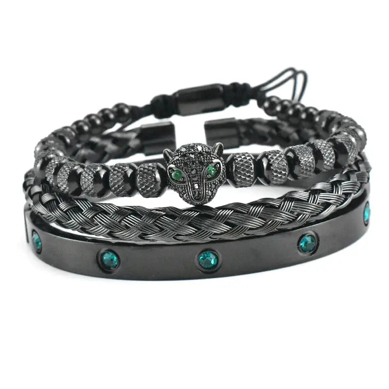Handmade luxury set featuring a green eye leopard head charm by Jungle Line, showcasing intricate design and vibrant colors.