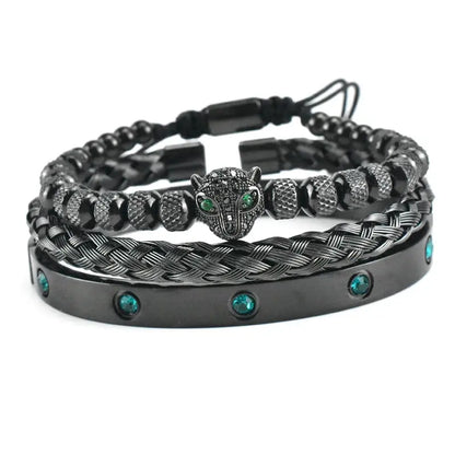Handmade luxury set featuring a green eye leopard head charm by Jungle Line, showcasing intricate design and vibrant colors.