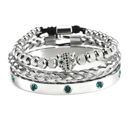 Handmade luxury set featuring a green eye leopard head charm from Jungle Line, showcasing intricate details and vibrant design.