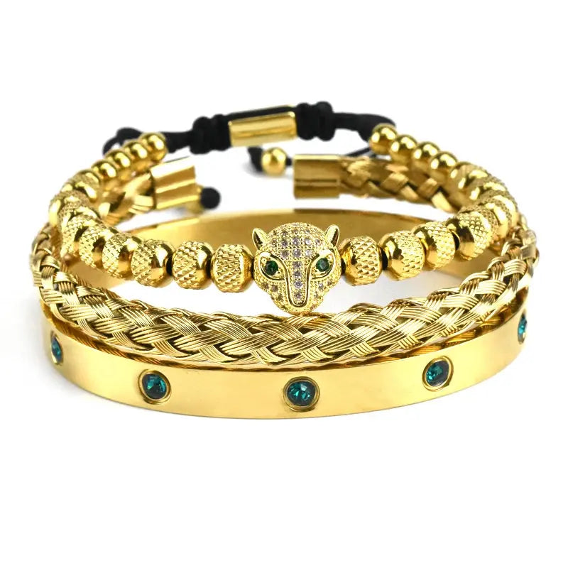 Handmade luxury set featuring a green eye leopard head charm by Jungle Line, with detailed craftsmanship and vibrant colors.