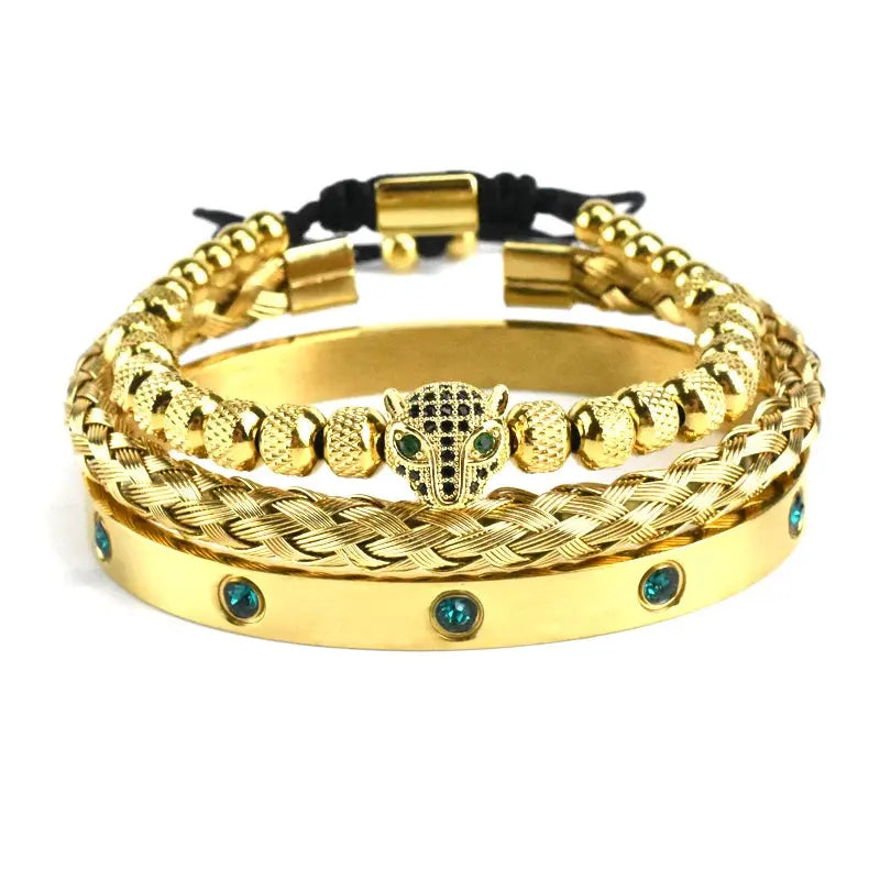 Handmade luxury set featuring a green eye leopard head charm from Jungle Line, showcasing intricate details and vibrant colors.