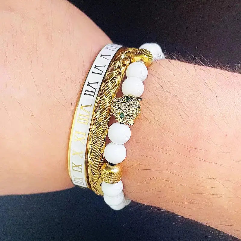 Luxury white stone beads crown featuring a leopard head design by Jungle Line, showcasing intricate beaded jewelry craftsmanship.