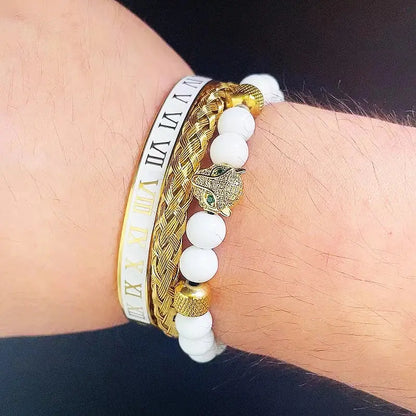 Luxury white stone beads crown featuring a leopard head design by Jungle Line, showcasing intricate beaded jewelry craftsmanship.