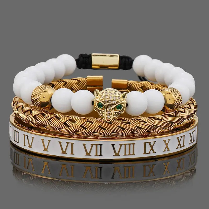 Luxury white stone beads crown featuring a leopard head design from Jungle Line, showcasing intricate craftsmanship.