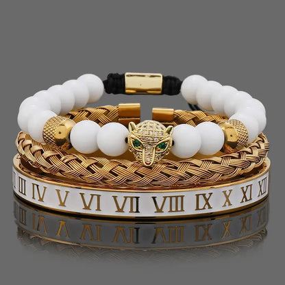 Luxury white stone beads crown featuring a leopard head design from Jungle Line, showcasing intricate craftsmanship.