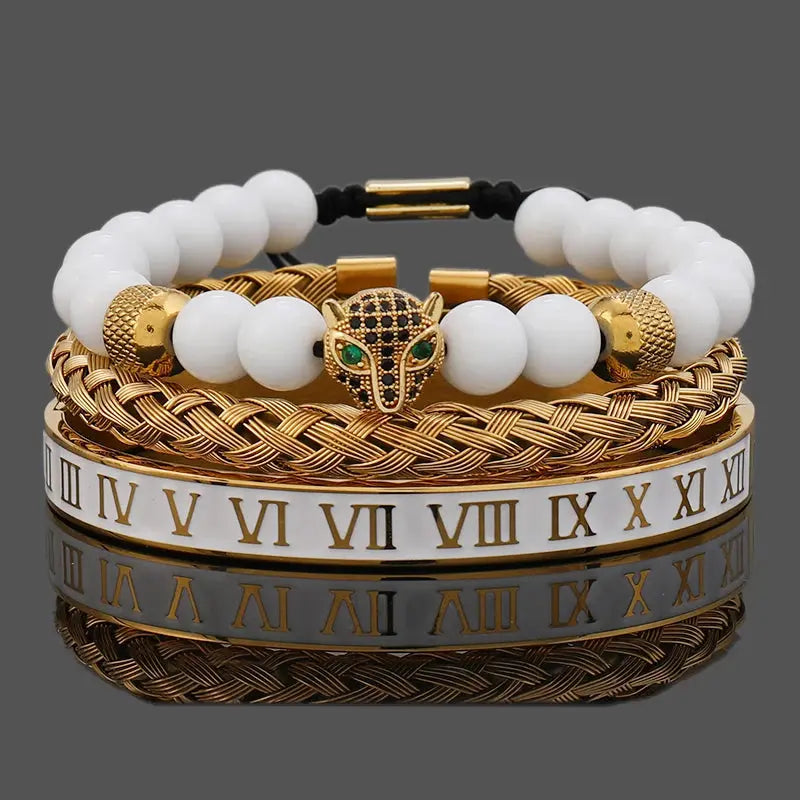 Luxury white stone beads crown featuring a leopard head design by Jungle Line, showcasing intricate craftsmanship and elegant style.
