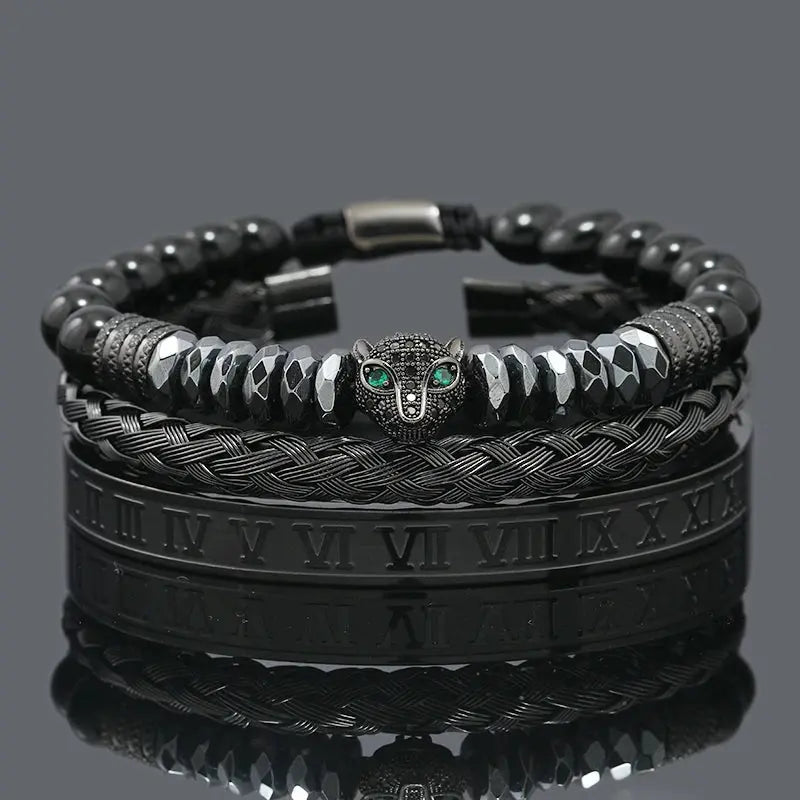 Black hematite beads with skull crown and leopard accents, men's jewelry by Jungle Line featuring bold, stylish design.