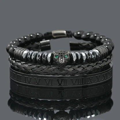 Black hematite beads with skull crown and leopard accents, men's jewelry by Jungle Line featuring bold, stylish design.