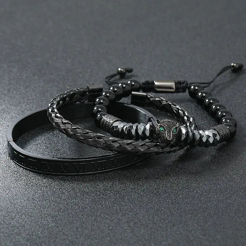Black hematite beads necklace featuring skull and crown designs with leopard accents, crafted by Jungle Line.