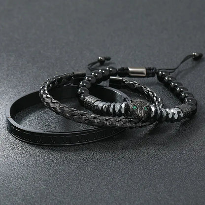 Black hematite beads necklace featuring skull and crown designs with leopard accents, crafted by Jungle Line.