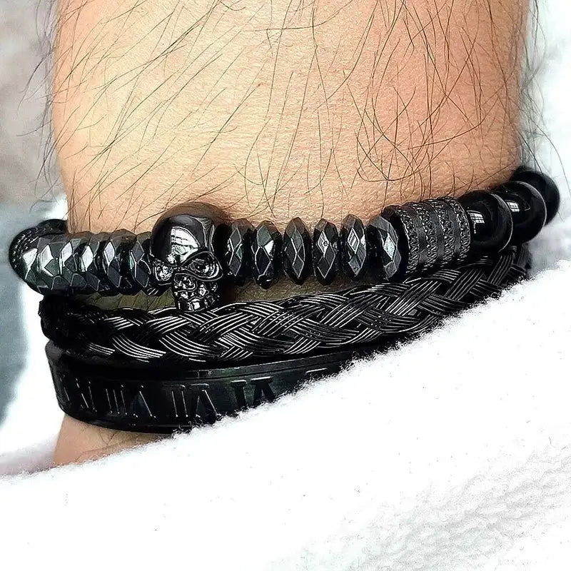 Black hematite beads necklace featuring a skull crown pendant with leopard design, by Jungle Line.