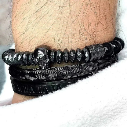 Black hematite beads necklace featuring a skull crown pendant with leopard design, by Jungle Line.