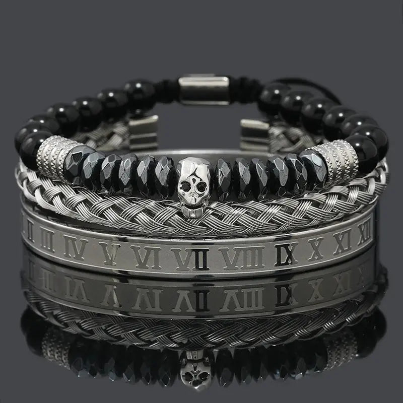Black hematite beads bracelet featuring a skull crown and leopard design, by Jungle Line, for men's stylish jewelry.
