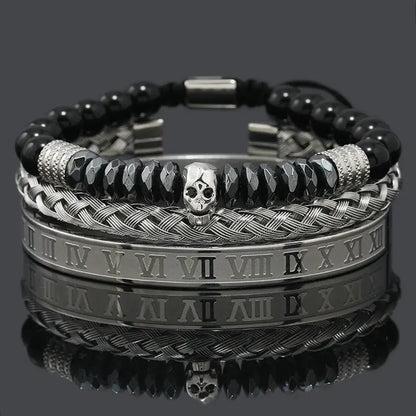 Black hematite beads bracelet featuring a skull crown and leopard design, by Jungle Line, for men's stylish jewelry.