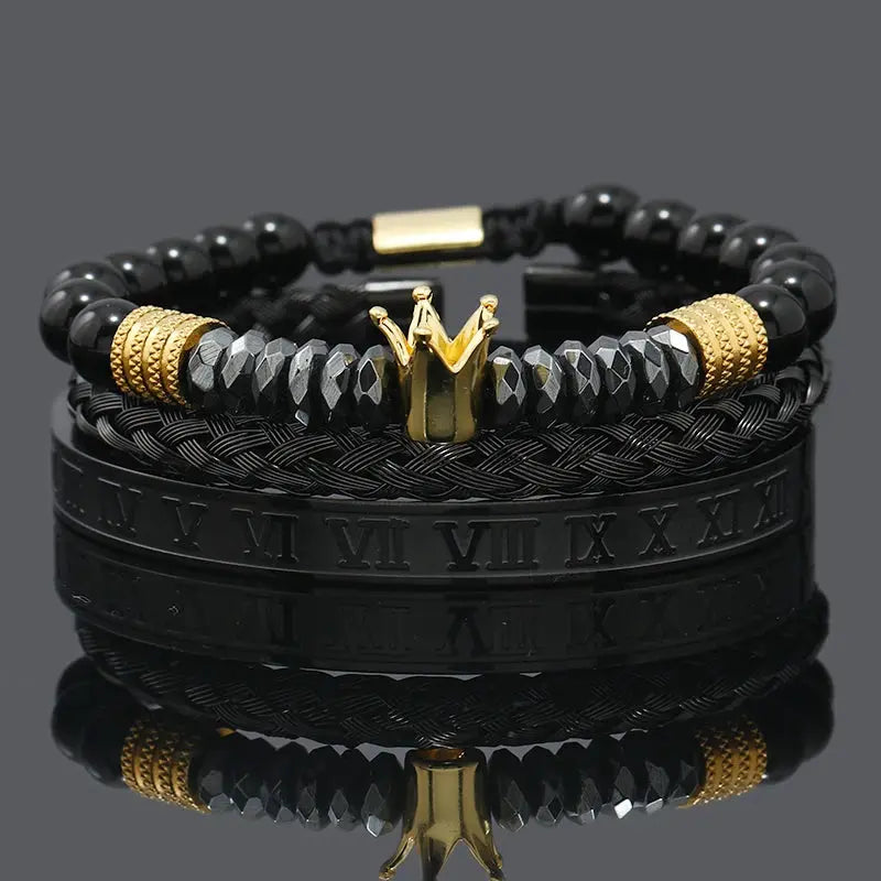 Black hematite beads featuring skull and crown designs with leopard accents, crafted by Jungle Line for men.