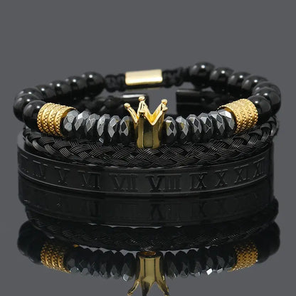 Black hematite beads featuring skull and crown designs with leopard accents, crafted by Jungle Line for men.