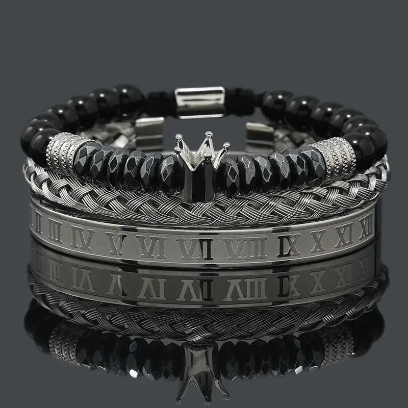Black stone hematite beads bracelet featuring a skull crown and leopard design, by Jungle Line.