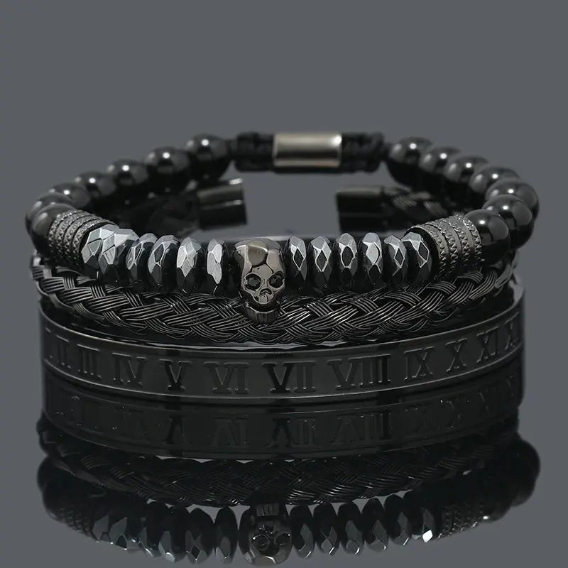 Black stone hematite beads necklace featuring a skull crown and leopard design, by Jungle Line.