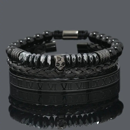 Black stone hematite beads necklace featuring a skull crown and leopard design, by Jungle Line.
