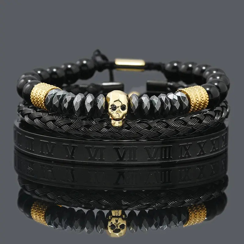 Black hematite beads featuring skull and crown designs with leopard accents from Jungle Line, designed for men.